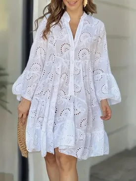 🌸 Ruffle Hem Eyelet Notched Long Sleeve Dress 🌸