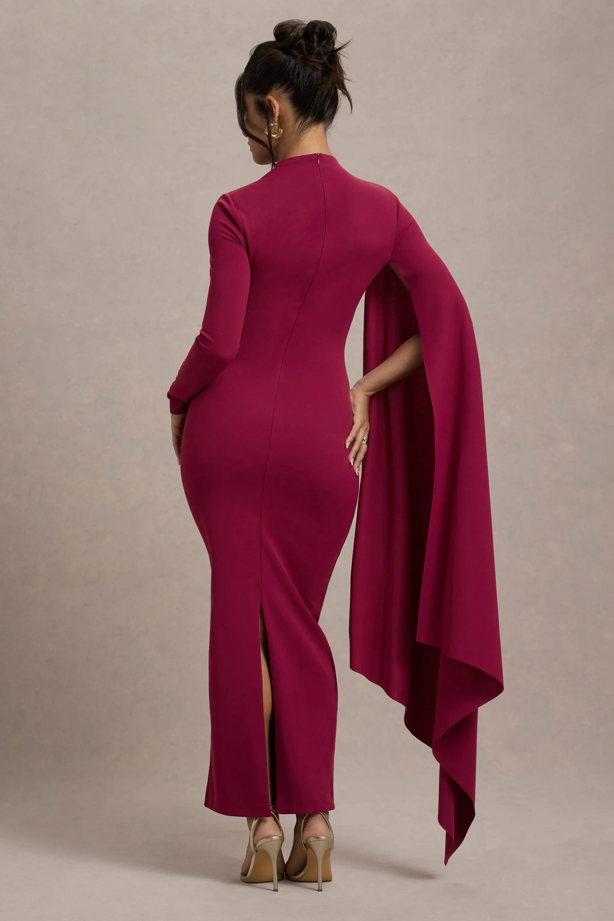 Aldona | Mulberry High-Neck Long-Sleeve Maxi Dress With Cape Sleeve