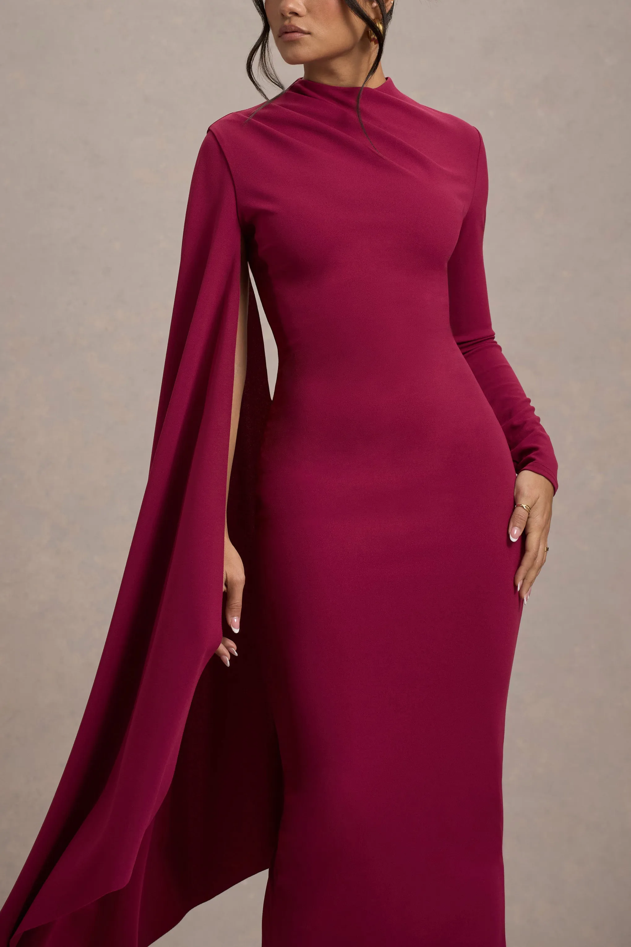 Aldona | Mulberry High-Neck Long-Sleeve Maxi Dress With Cape Sleeve