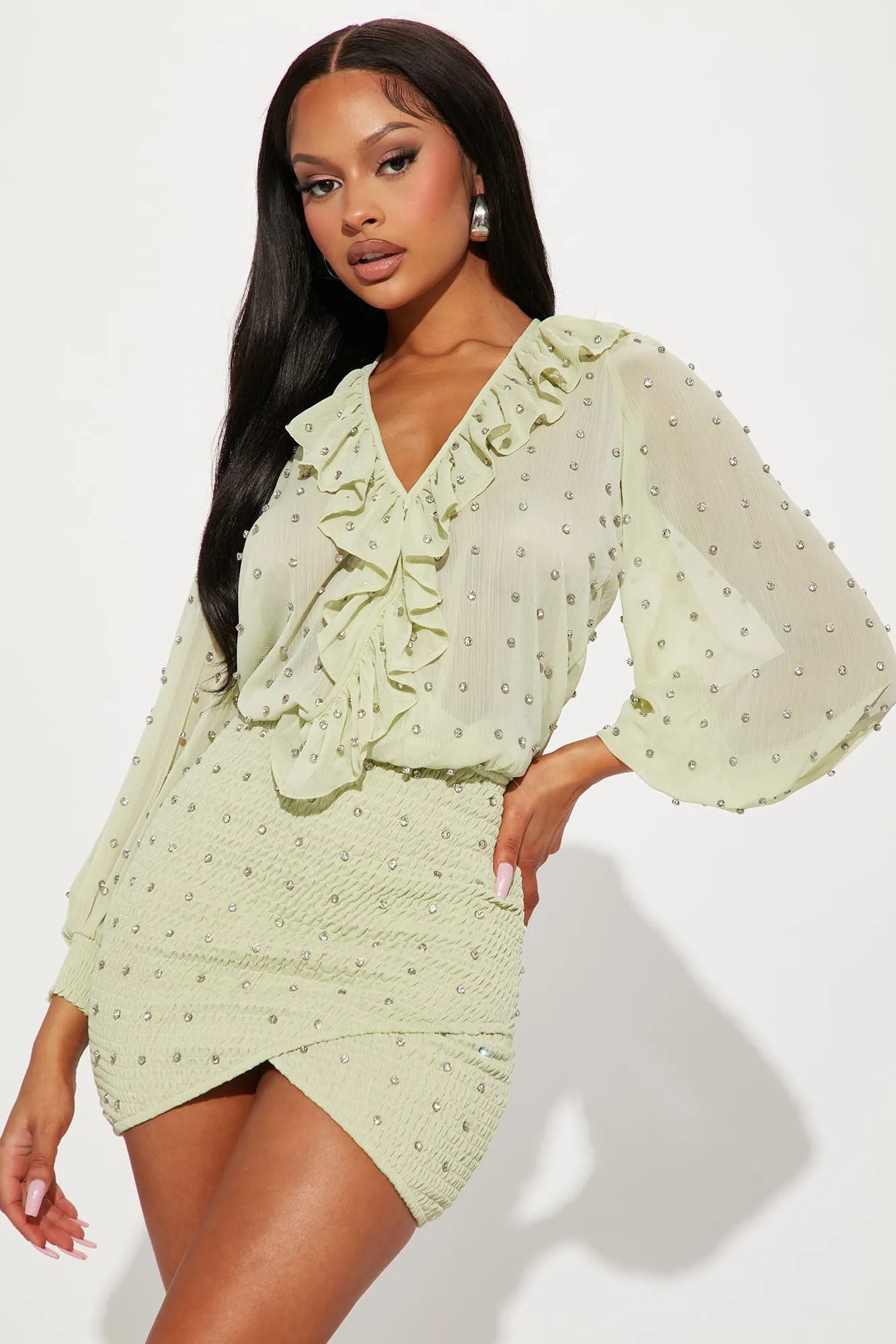 All Embellished Mini Dress - Green