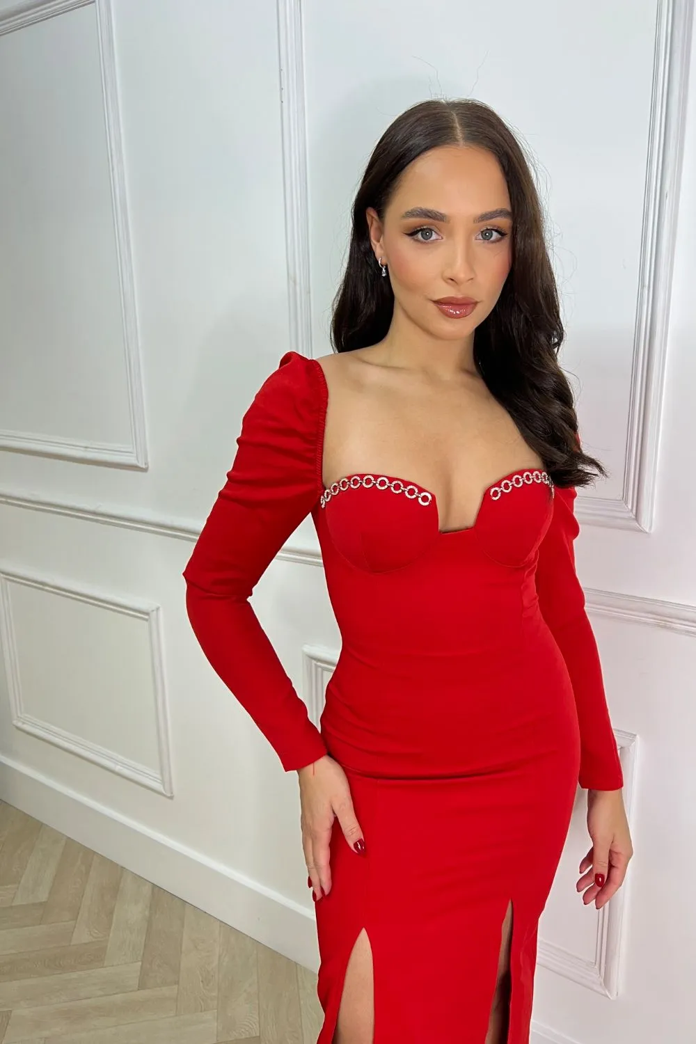 Amalia Red Jewel Bustier Long Sleeve Double Slit Bodycon Pencil Midi Dress