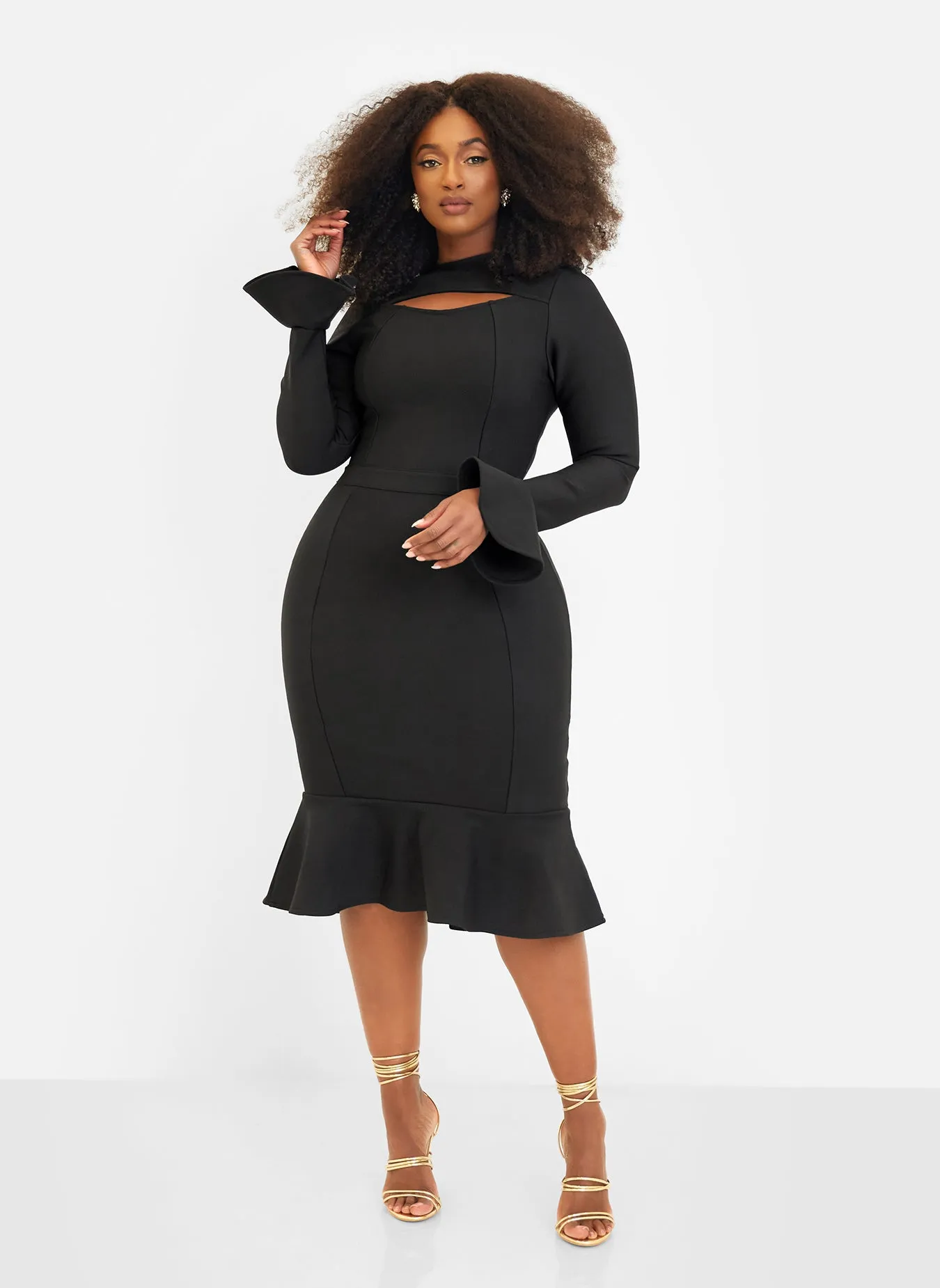 Amie Bandage Bell Sleeve Midi Bodycon Dress - Black