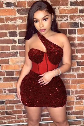 Amozae-hoco dresses -Sparkly One Shoulder Mesh Velvet Sequin Bodycon Party Mini Dress - Red