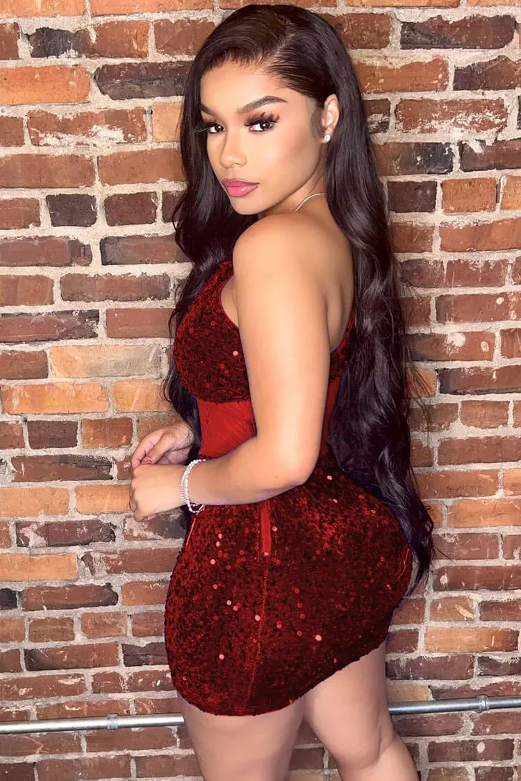 Amozae-hoco dresses -Sparkly One Shoulder Mesh Velvet Sequin Bodycon Party Mini Dress - Red