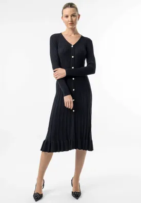 Angeleye Black Knit Button Midi Dress With Ruffle Hem