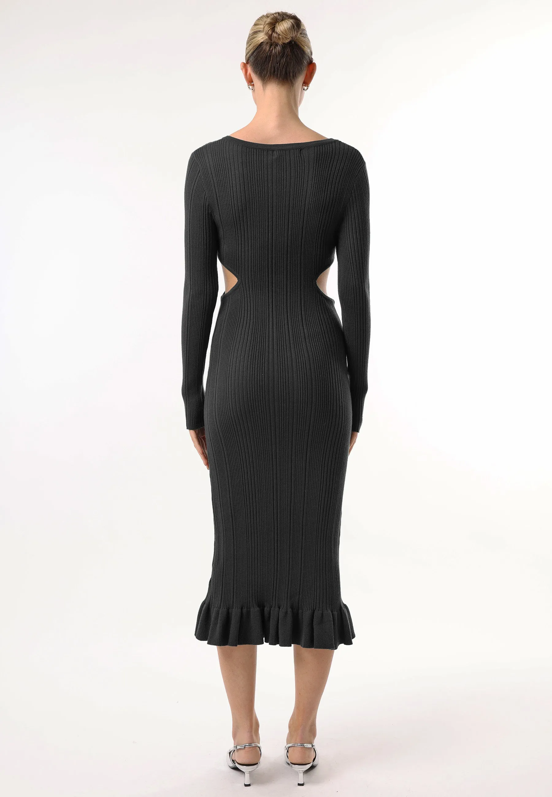 Angeleye Long Sleeve Black Knit Midi Dress With Cut Outs