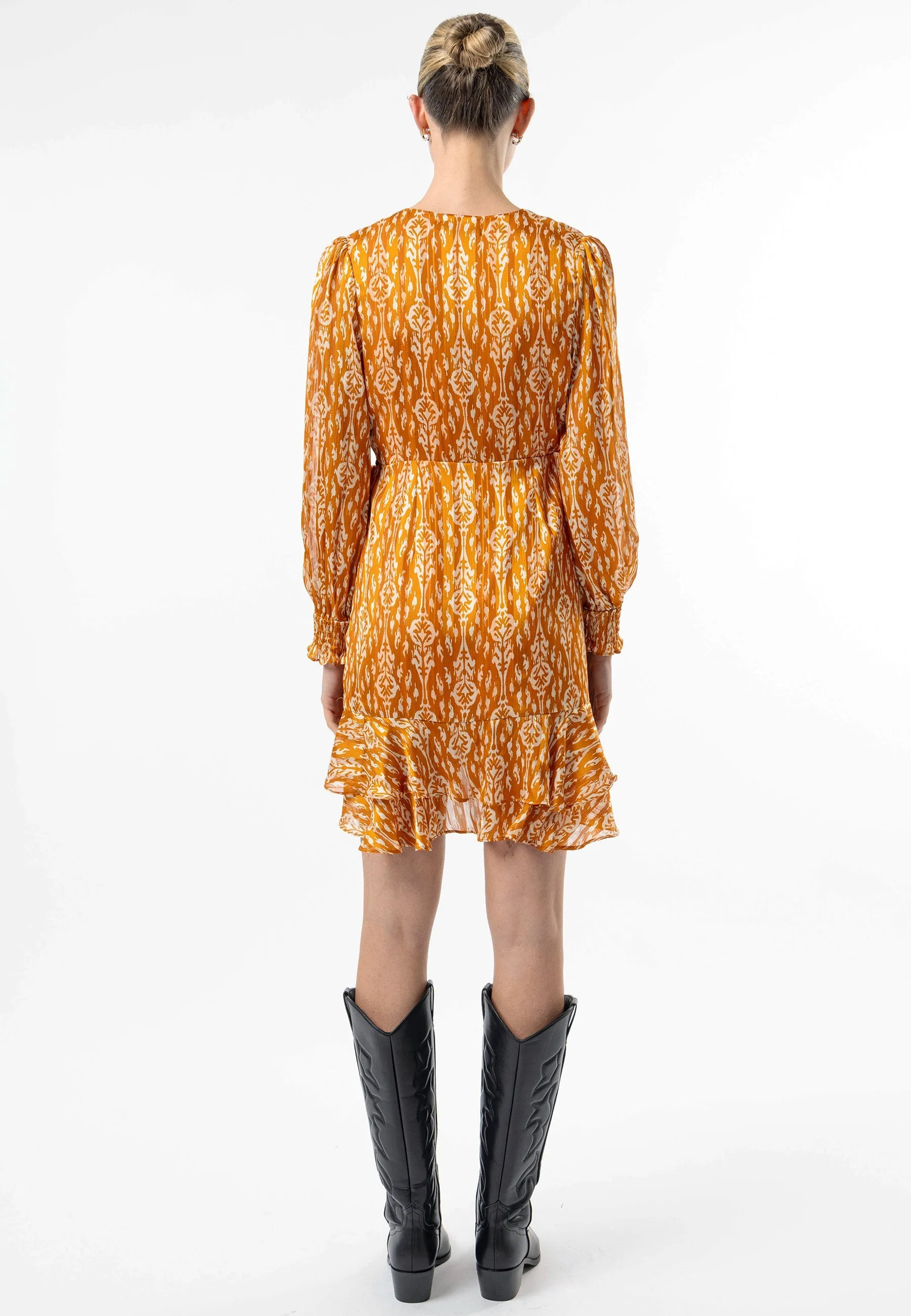 Angeleye Long Sleeve Ruffle Hem Mini Wrap Dress In Orange