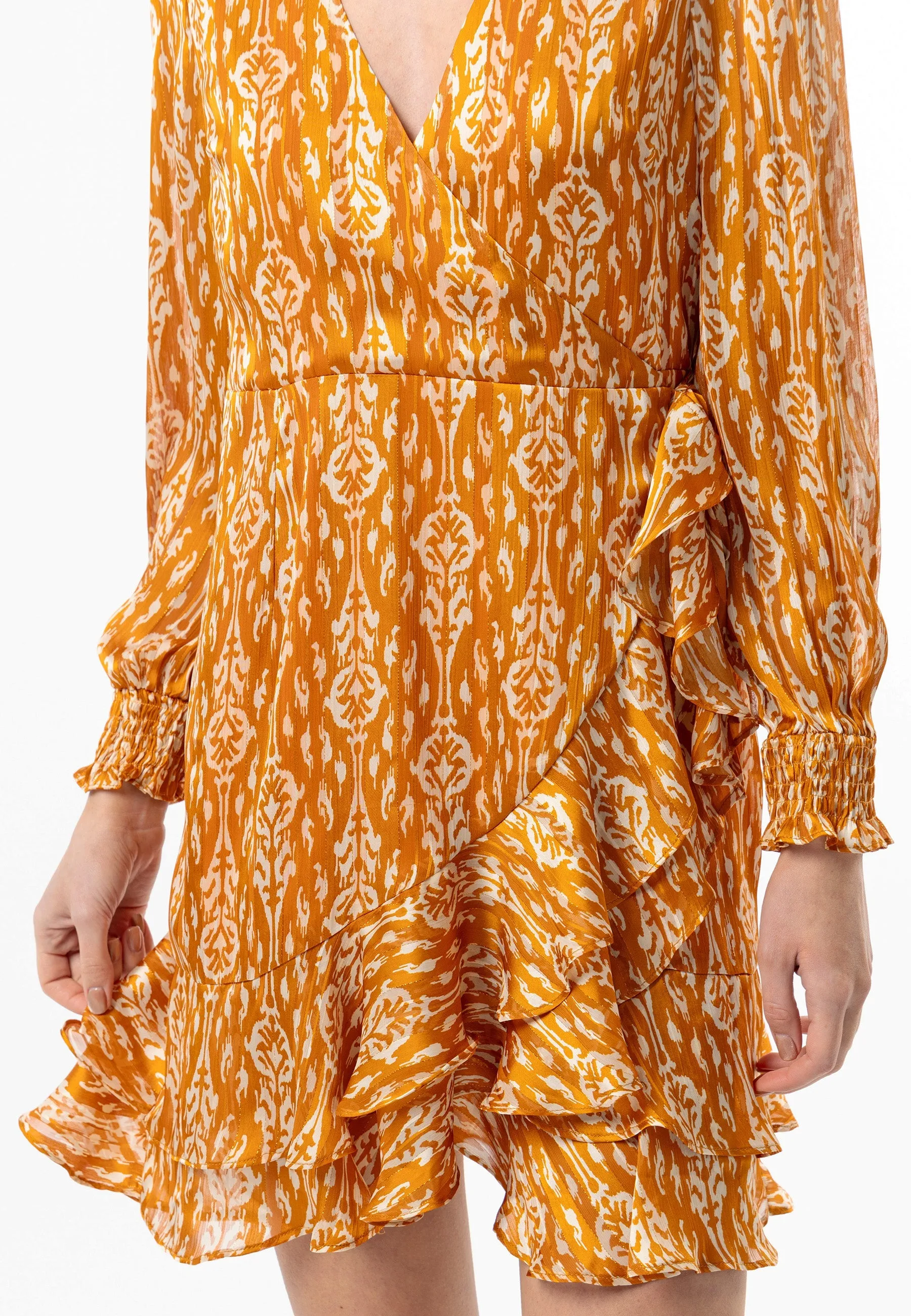 Angeleye Long Sleeve Ruffle Hem Mini Wrap Dress In Orange