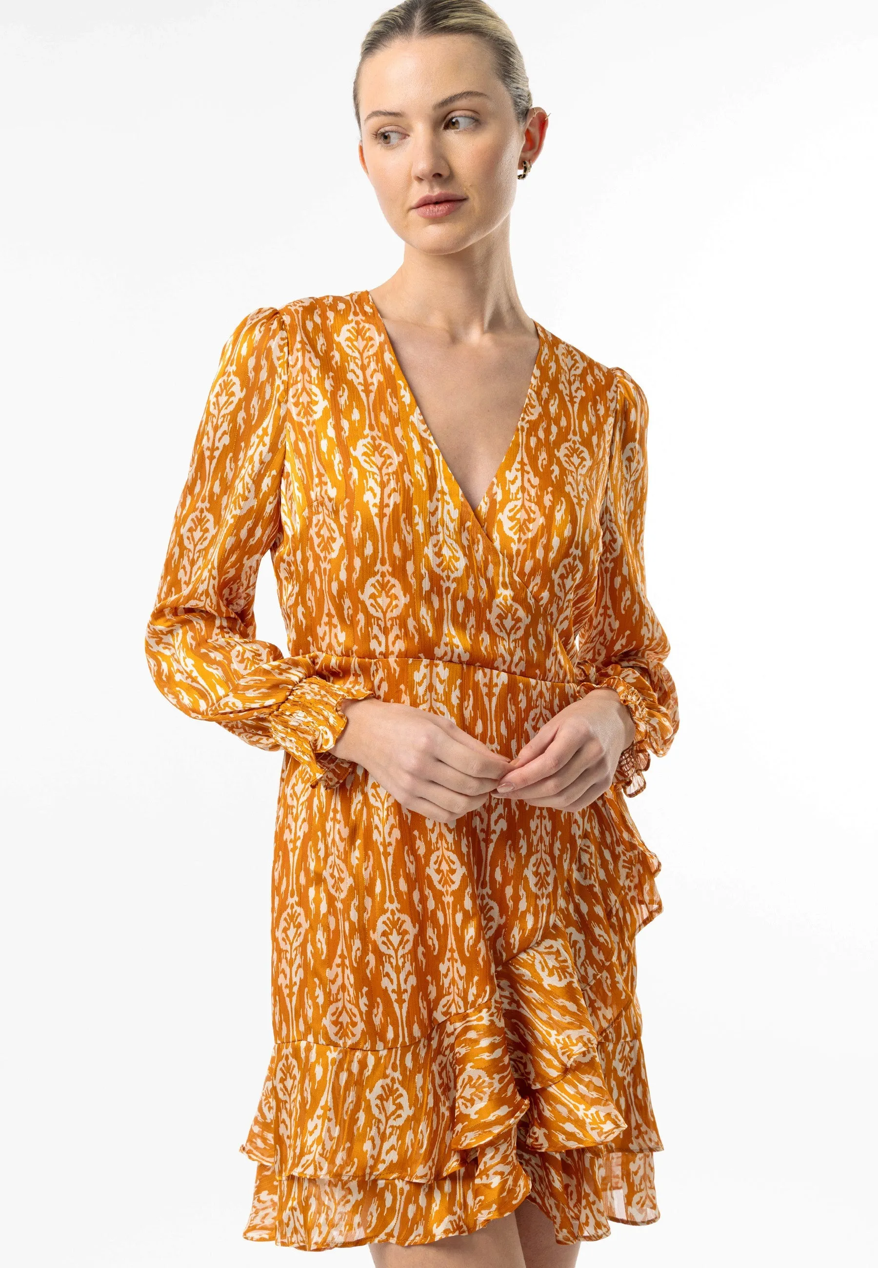 Angeleye Long Sleeve Ruffle Hem Mini Wrap Dress In Orange