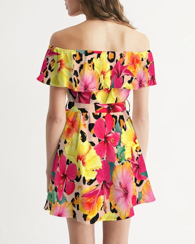 Animal Print Island Flowers Off Shoulder Dress