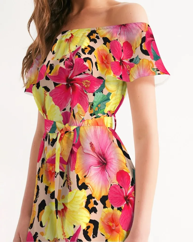 Animal Print Island Flowers Off Shoulder Dress