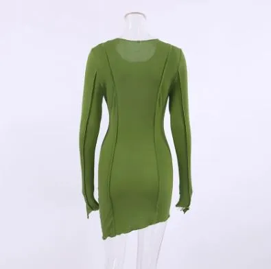 Asymmetric Hem Exposed Seam Long Sleeve Dress