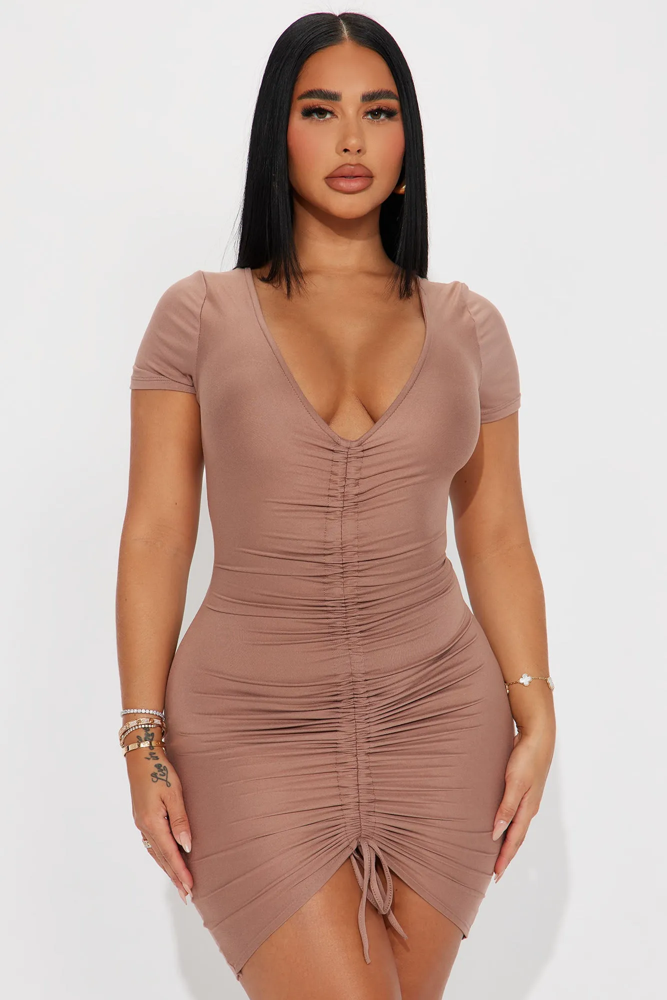 At The Office Ruched Mini Dress - Mocha