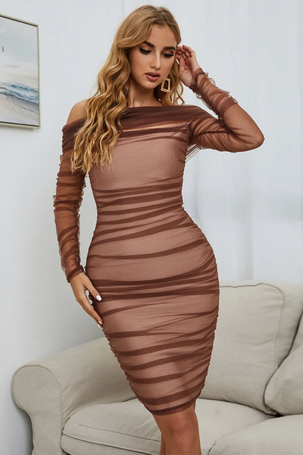 Atsuko Tulle Off-Shoulder Ruched Long Sleeve Tulle Bodycon Dress