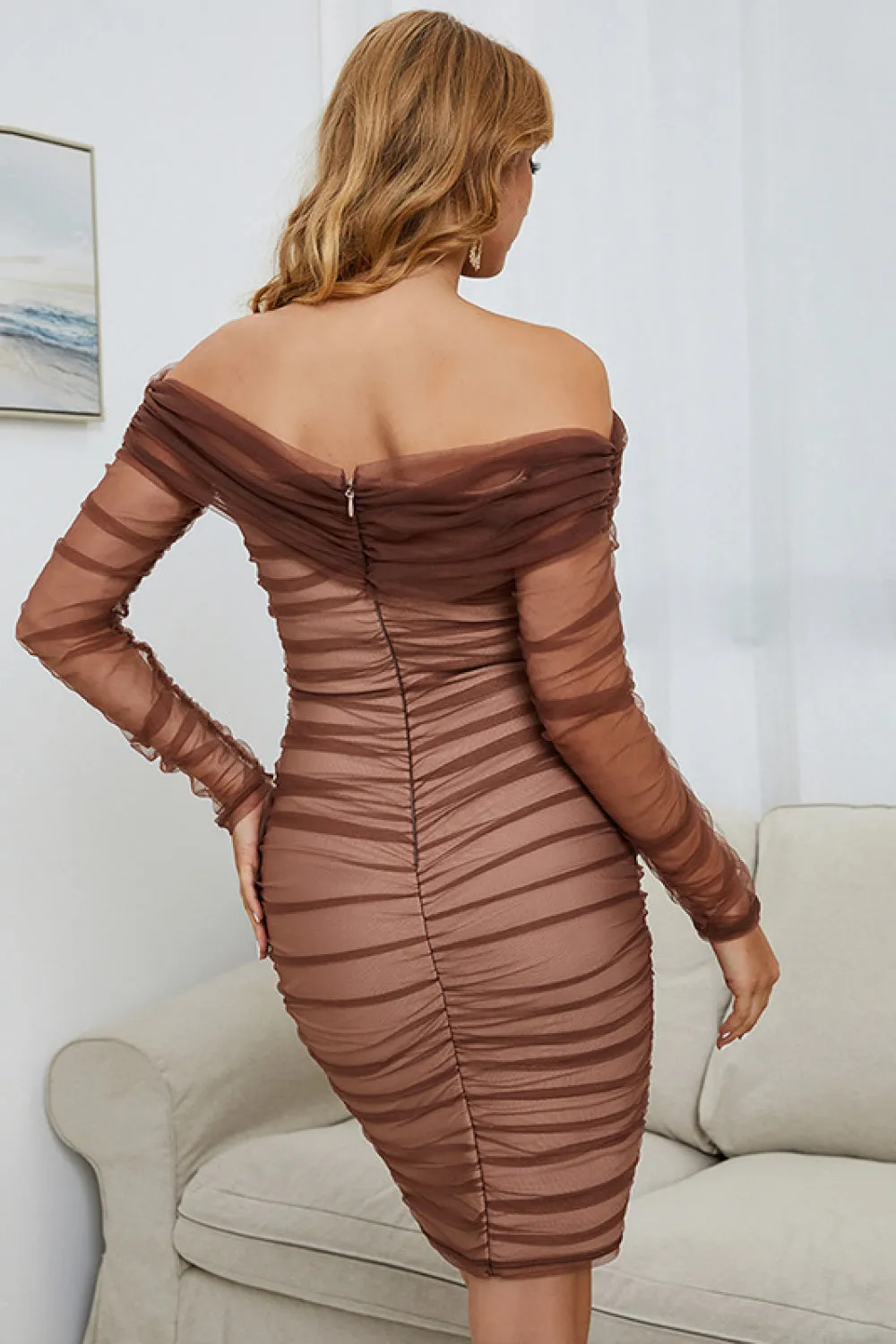 Atsuko Tulle Off-Shoulder Ruched Long Sleeve Tulle Bodycon Dress