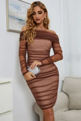 Atsuko Tulle Off-Shoulder Ruched Long Sleeve Tulle Bodycon Dress