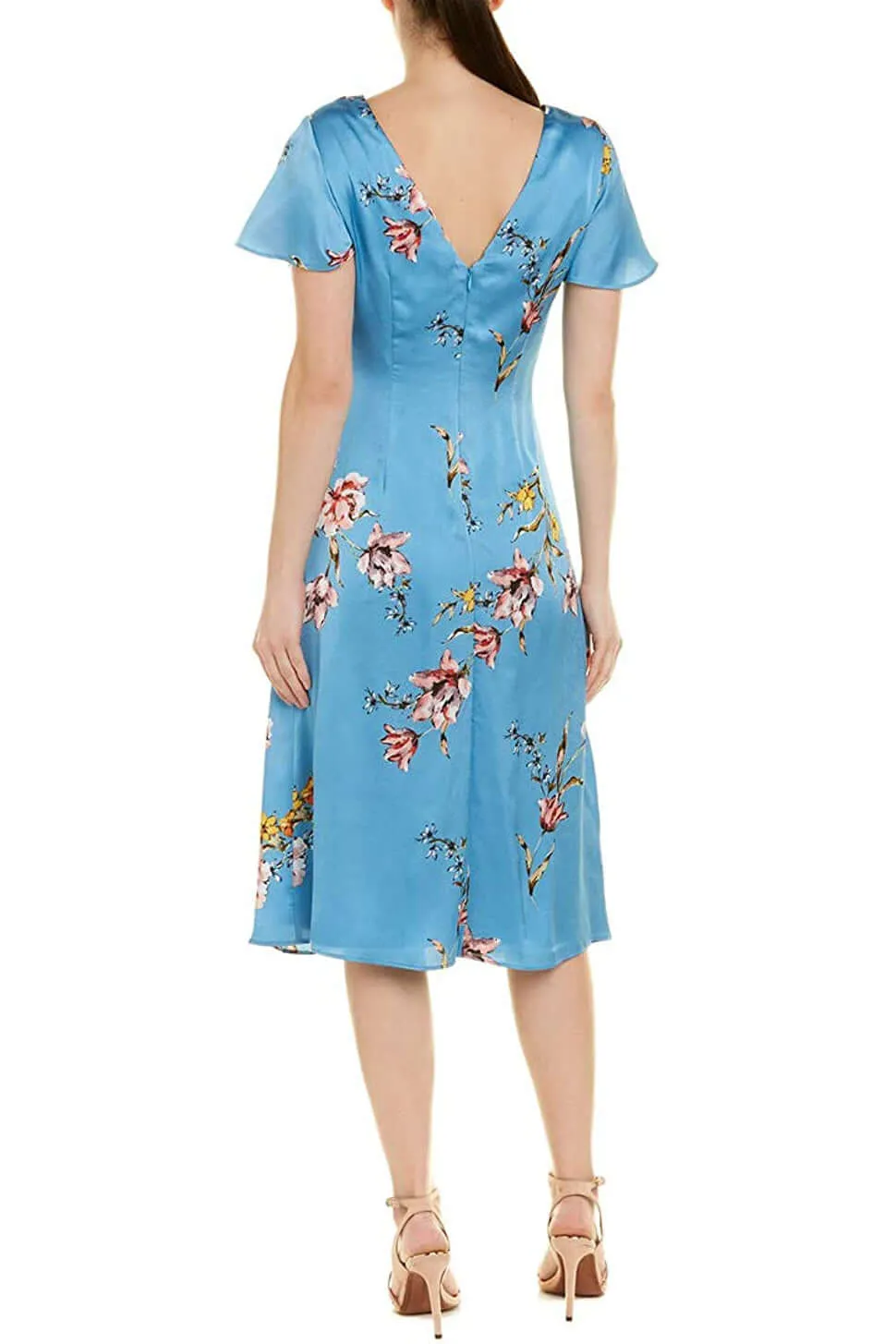 Avec Les Filles V-Neck Short Sleeve Ruched Floral Print Zipper Back Satin Dress