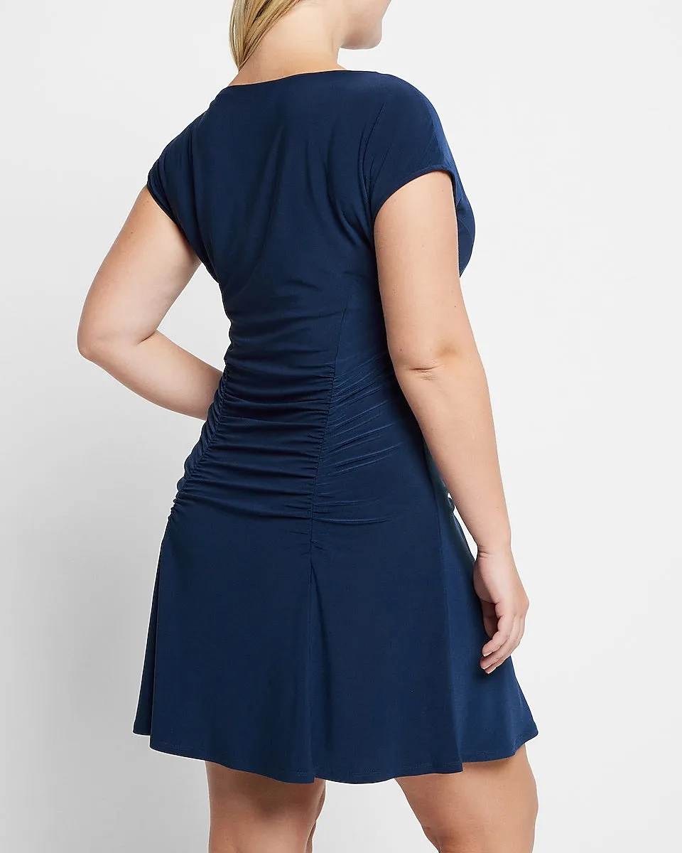 Bateau Neck Ruched Waist Fit And Flare Dress in Dark Blue