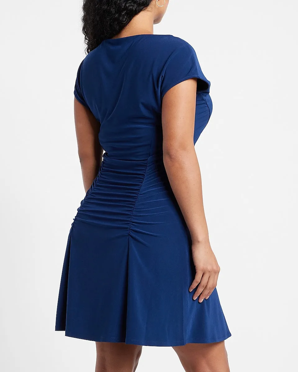 Bateau Neck Ruched Waist Fit And Flare Dress in Dark Blue