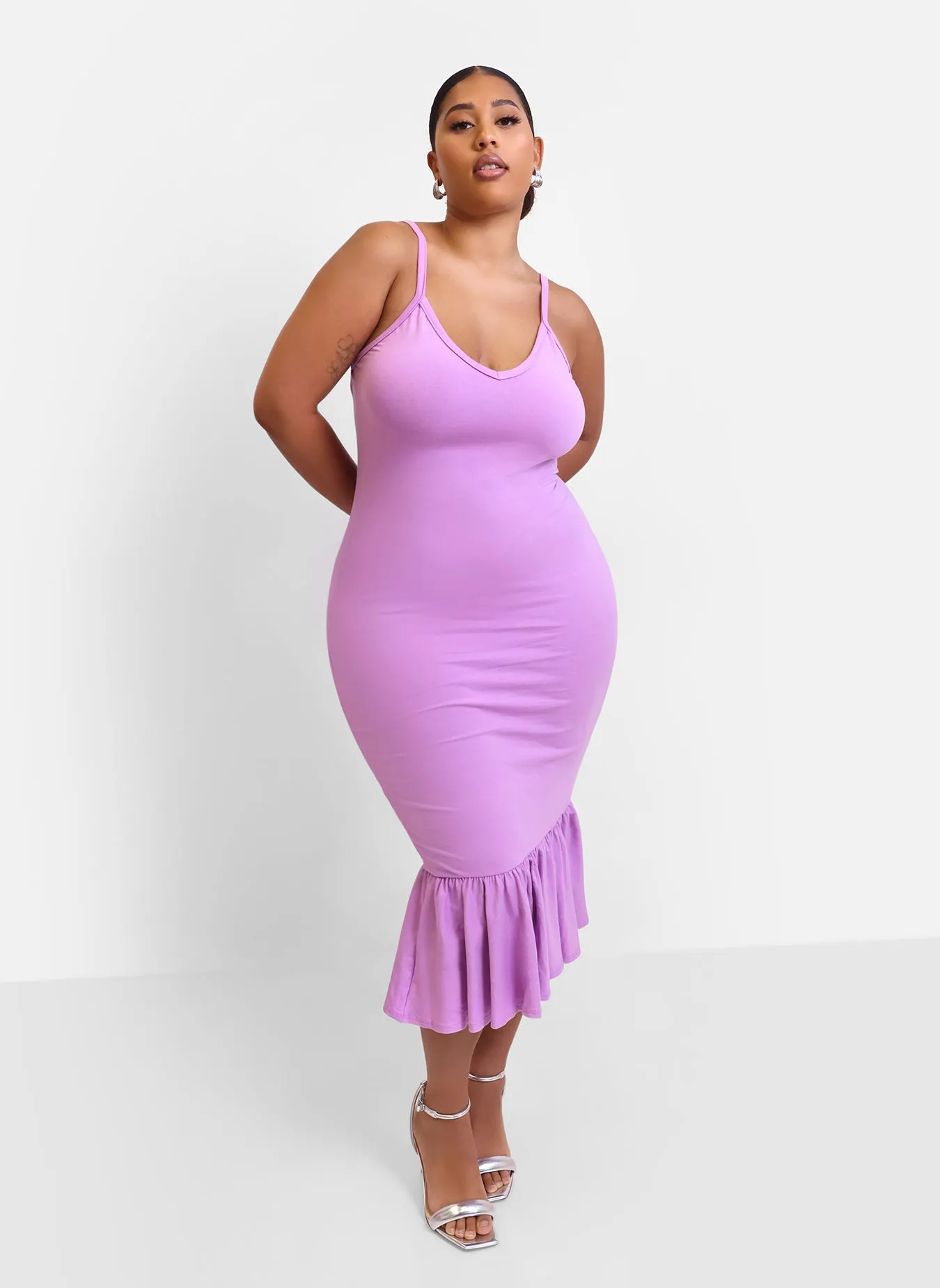 Best Intentions Ruffle Hem Bodycon Midi Dress - Lilac