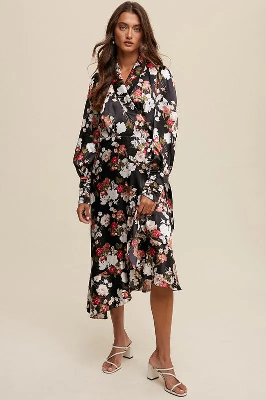 Black Floral Print Long Seeve Satin Wrap Midi Dress