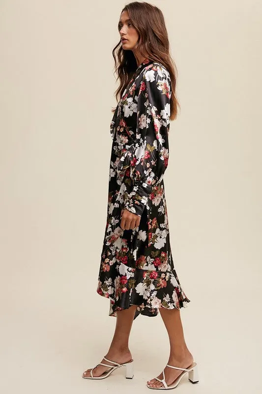 Black Floral Print Long Seeve Satin Wrap Midi Dress