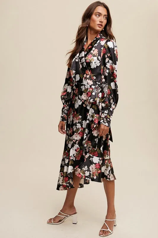 Black Floral Print Long Seeve Satin Wrap Midi Dress