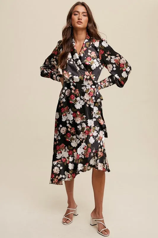 Black Floral Print Long Seeve Satin Wrap Midi Dress