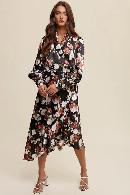 Black Floral Print Long Seeve Satin Wrap Midi Dress