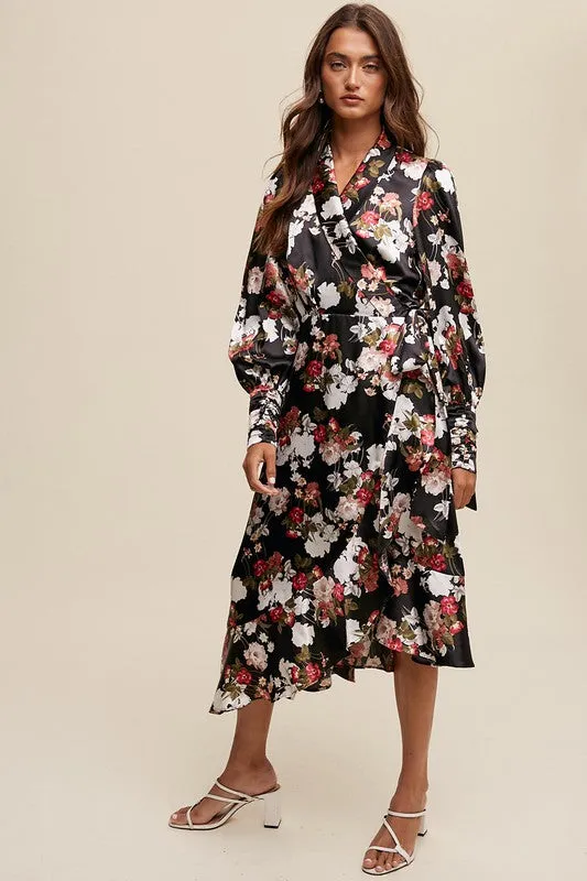 Black Floral Print Long Seeve Satin Wrap Midi Dress