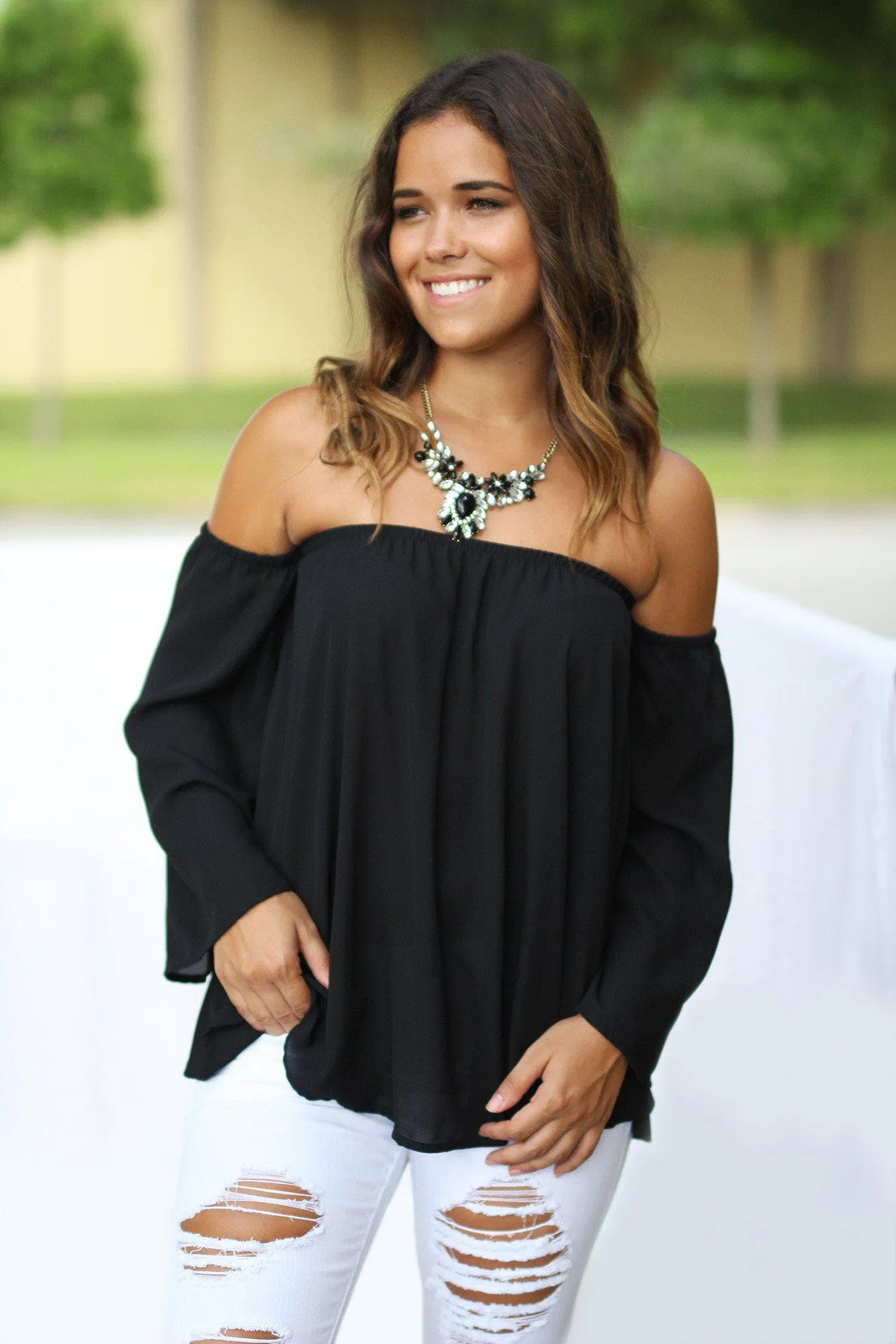 Black Long Sleeve Off Shoulder Top