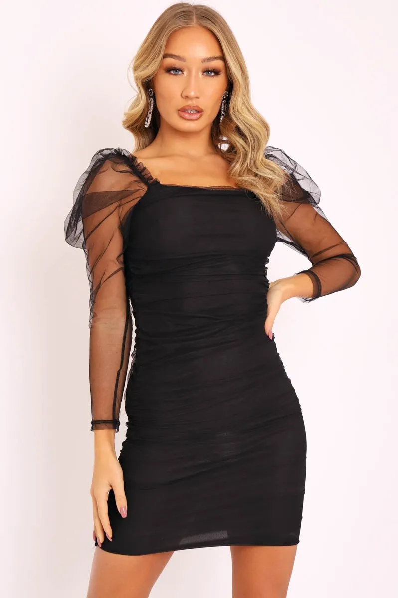 Black Mesh Ruched Long Sleeve Bodycon Dress - Edeline