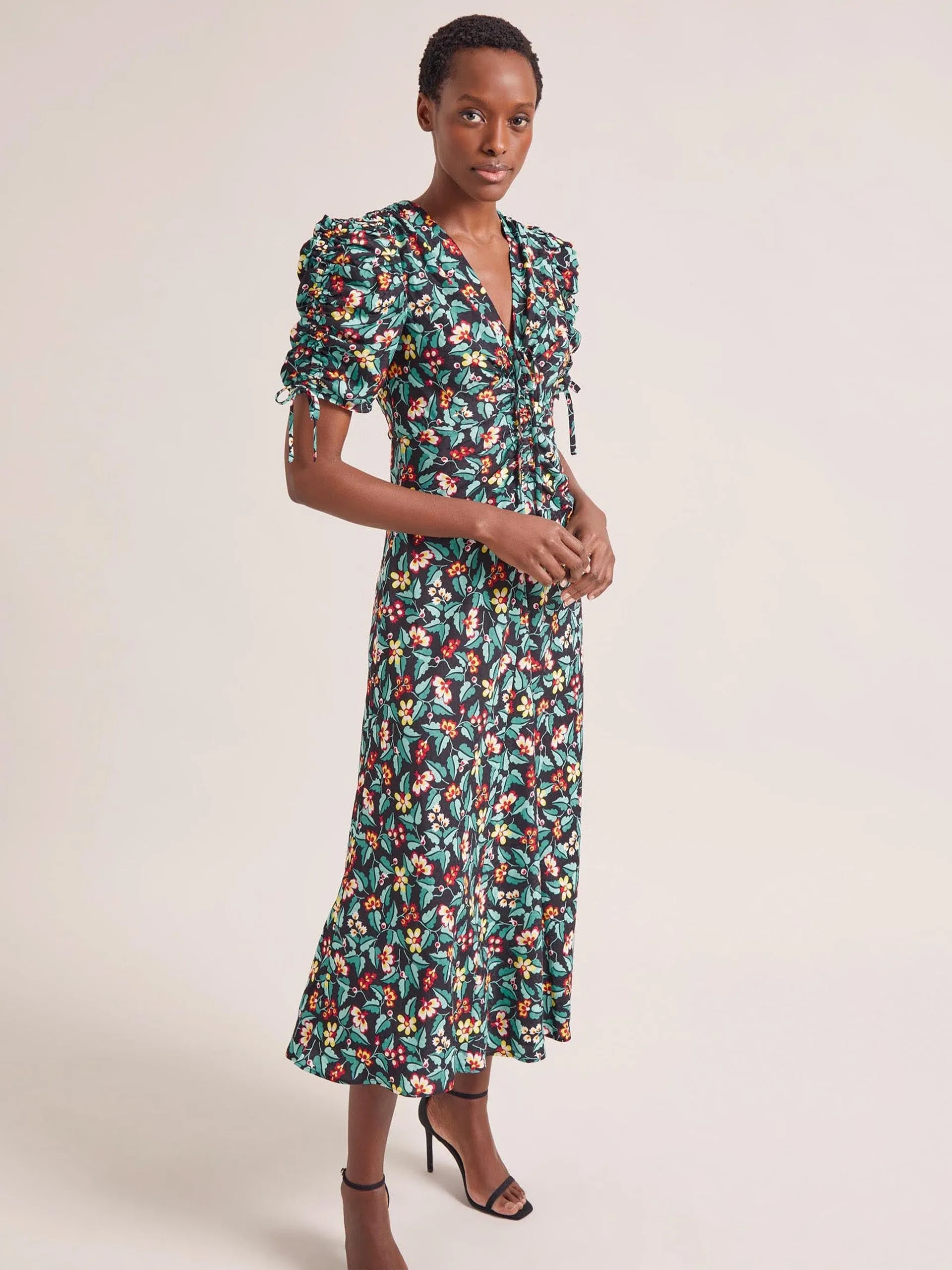 Black multi tropical floral print Ophelia bias cut maxi dress