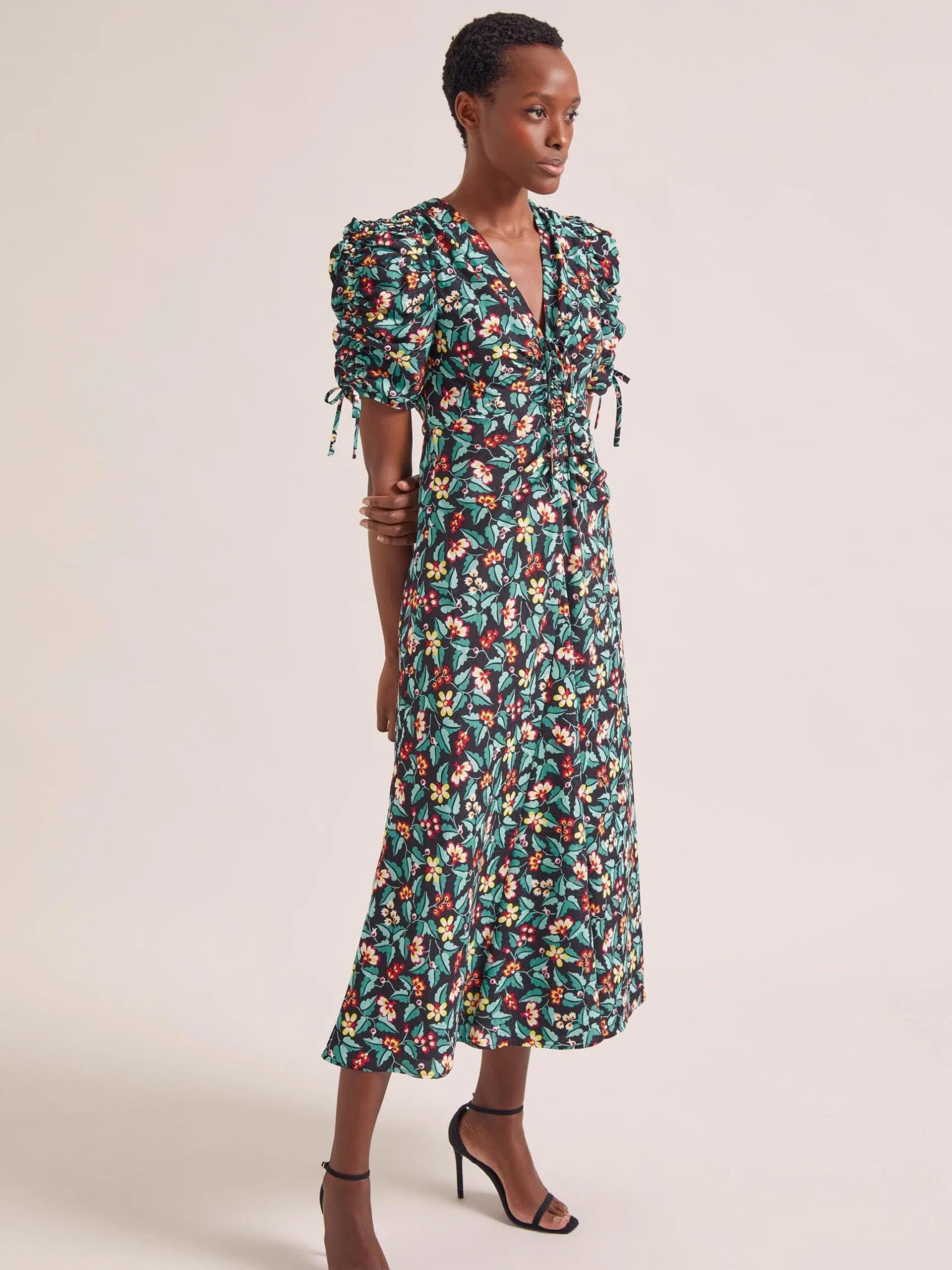 Black multi tropical floral print Ophelia bias cut maxi dress