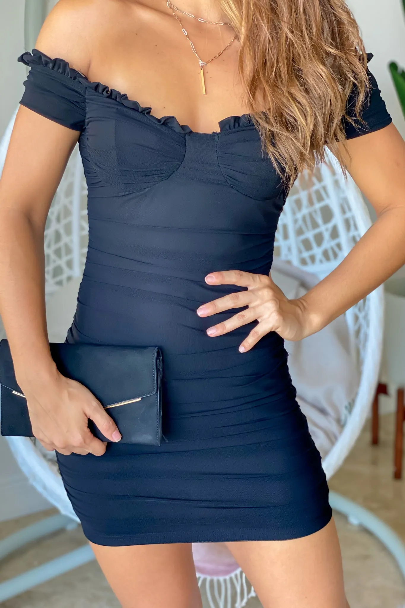 Black Off Shoulder Ruched Short Dress