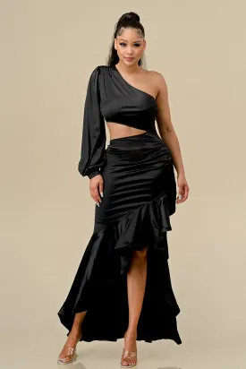 Black One Shoulder Diagonal Ruffle Bottom Dress