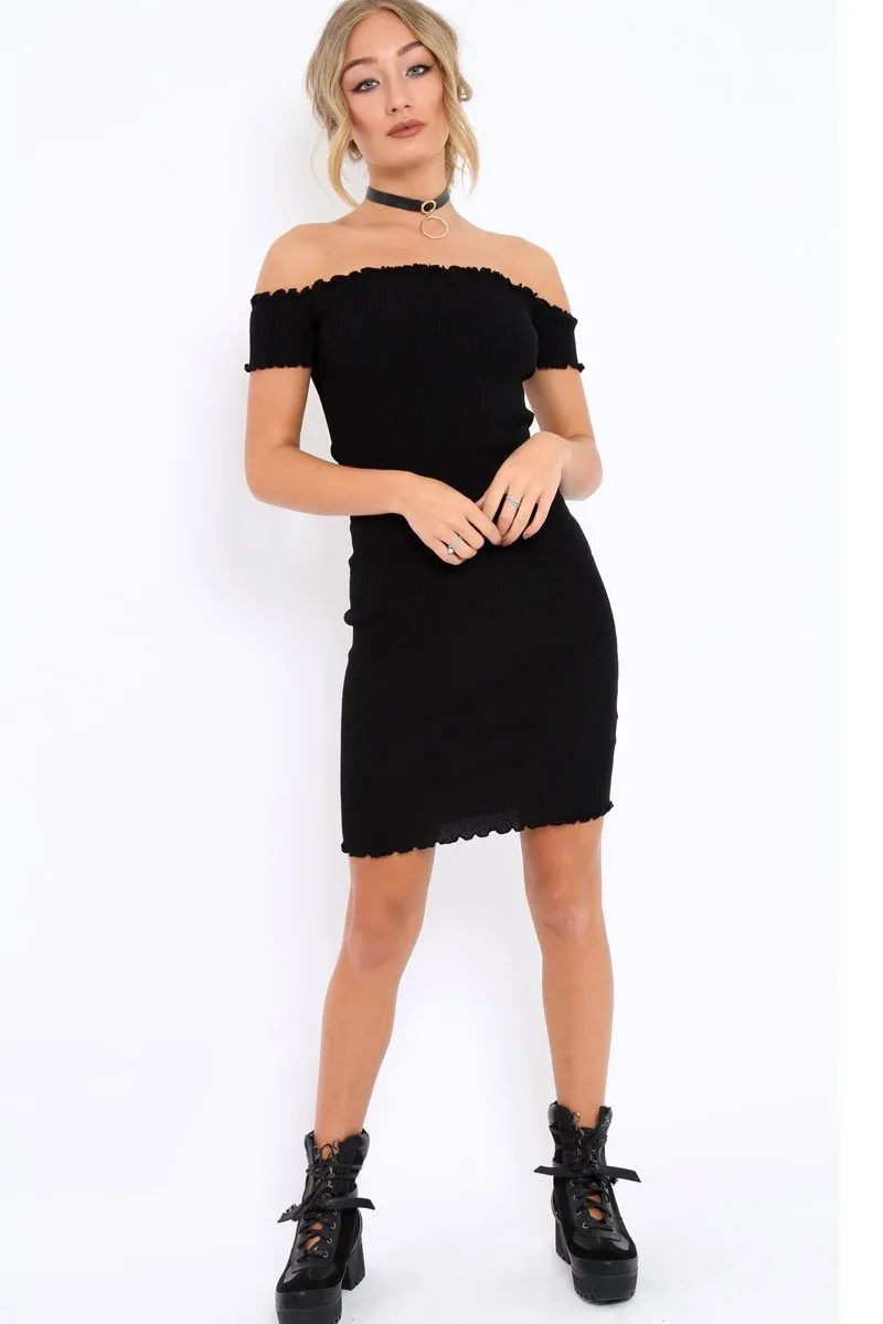 Black Ribbed Frill Hem Bardot Bodycon Dress - Kamille