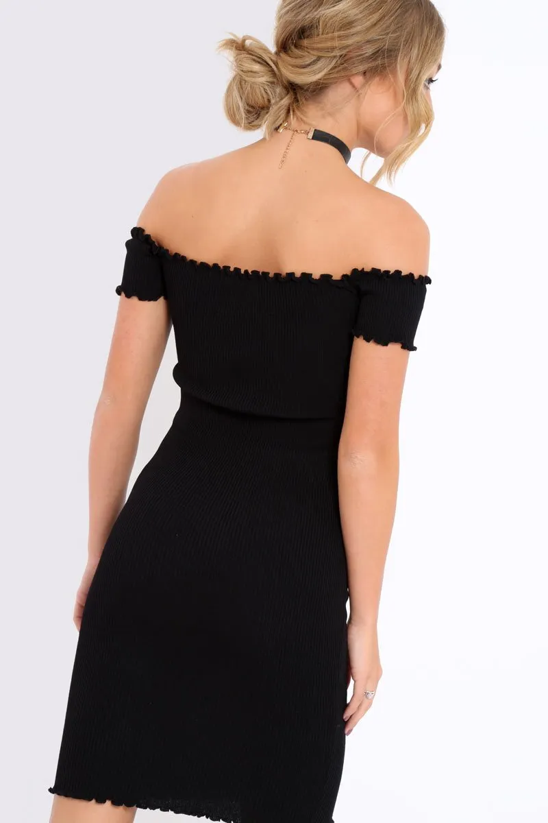 Black Ribbed Frill Hem Bardot Bodycon Dress - Kamille