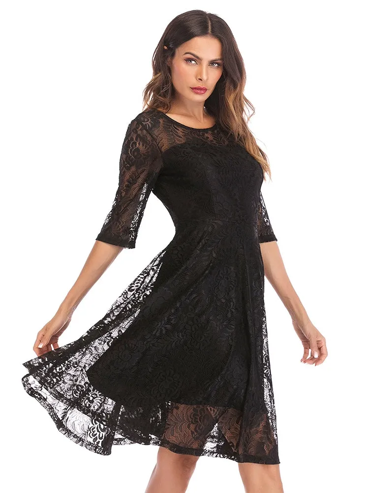 Black Scallop Trim Lace Overlay Dress