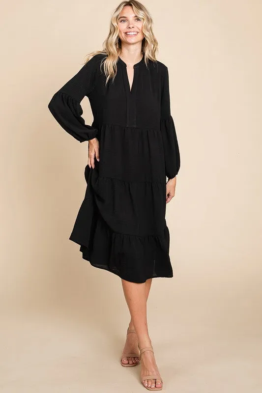 Black Tiered V Neck Long Sleeve Ruffle Hem Midi Dress