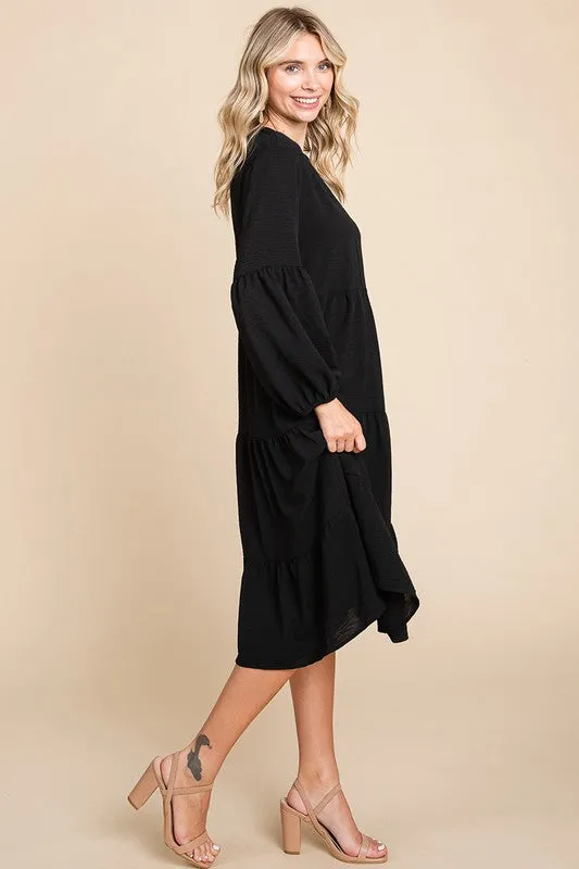 Black Tiered V Neck Long Sleeve Ruffle Hem Midi Dress