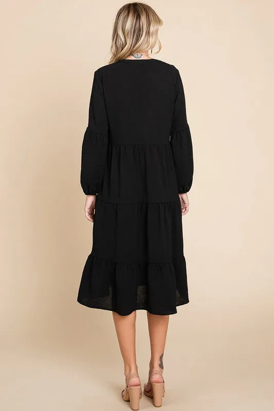 Black Tiered V Neck Long Sleeve Ruffle Hem Midi Dress