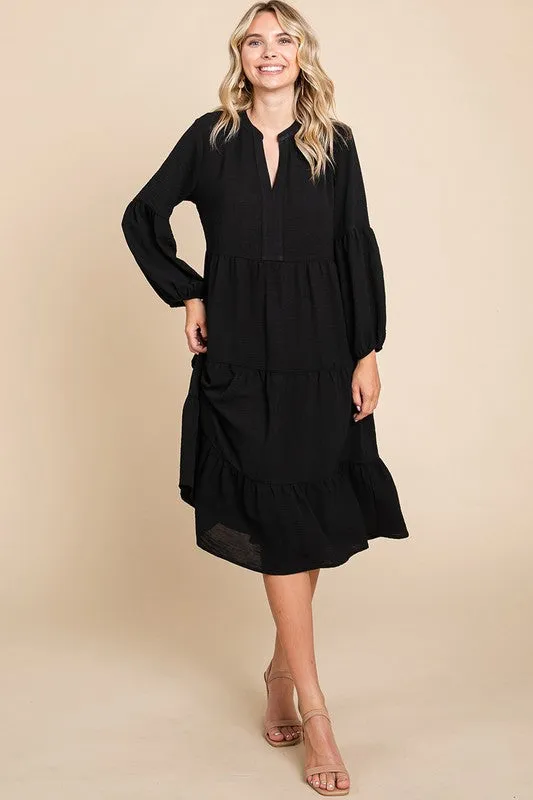 Black Tiered V Neck Long Sleeve Ruffle Hem Midi Dress