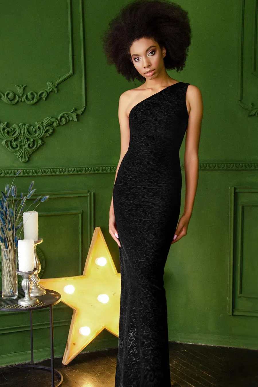 Black Velvet Jacquard One-Shoulder Bodycon Maxi Dress with Slit- Women