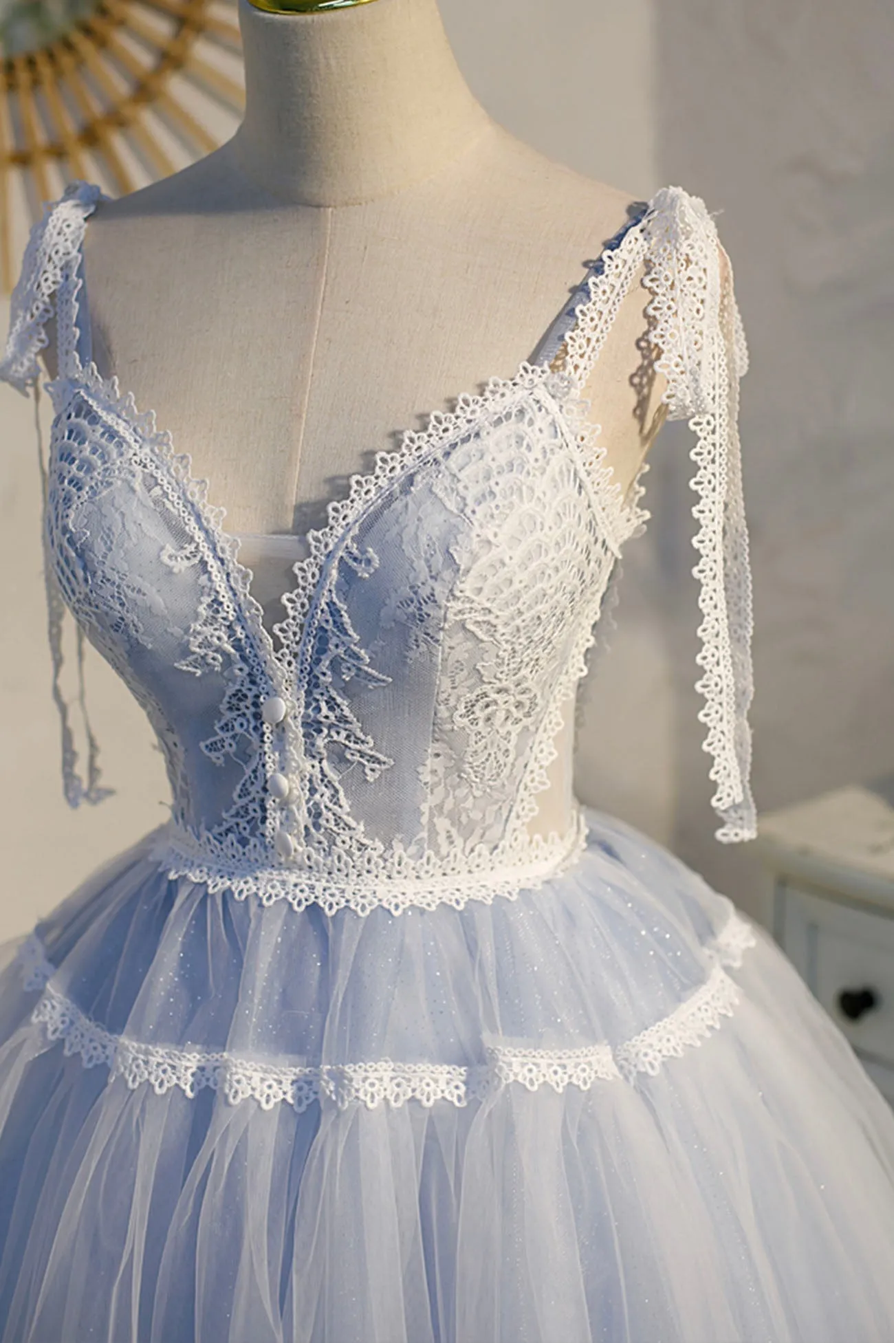 Blue Lace Short A-Line Prom Dress Cute Spaghetti Strap Party Dress