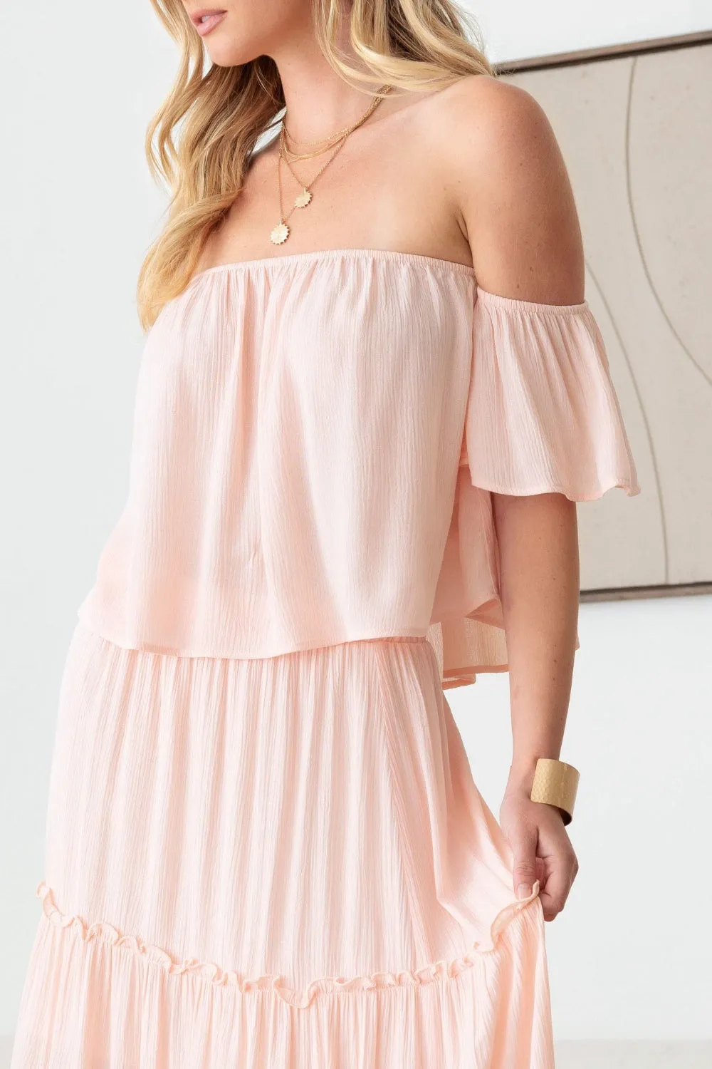 Blush Pink Feminine Frill Off-Shoulder Tiered Resort Maxi Dress