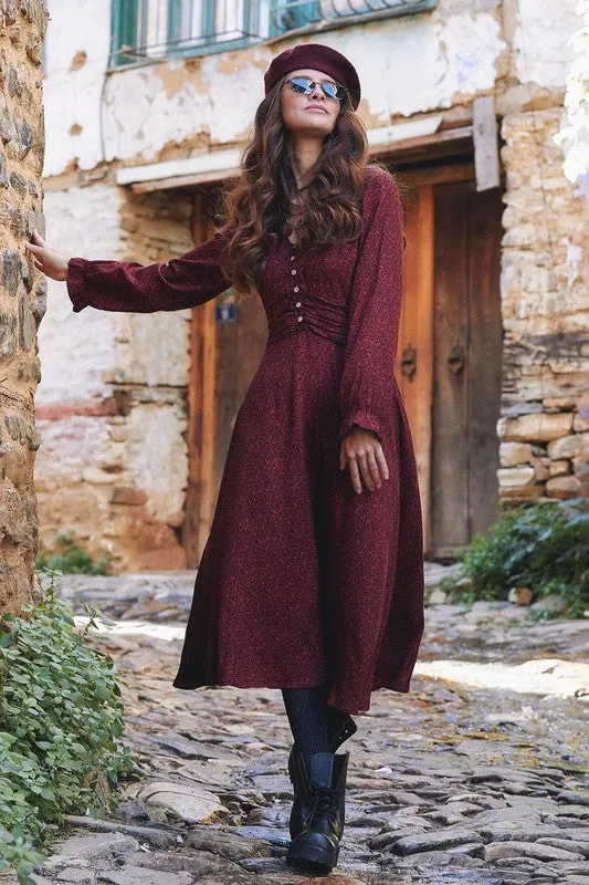 Boho Style Ruffle Sleeve Red Patterned Dress