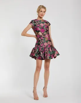 Brocade Cap Sleeve Mini Dress With Ruffle Hem