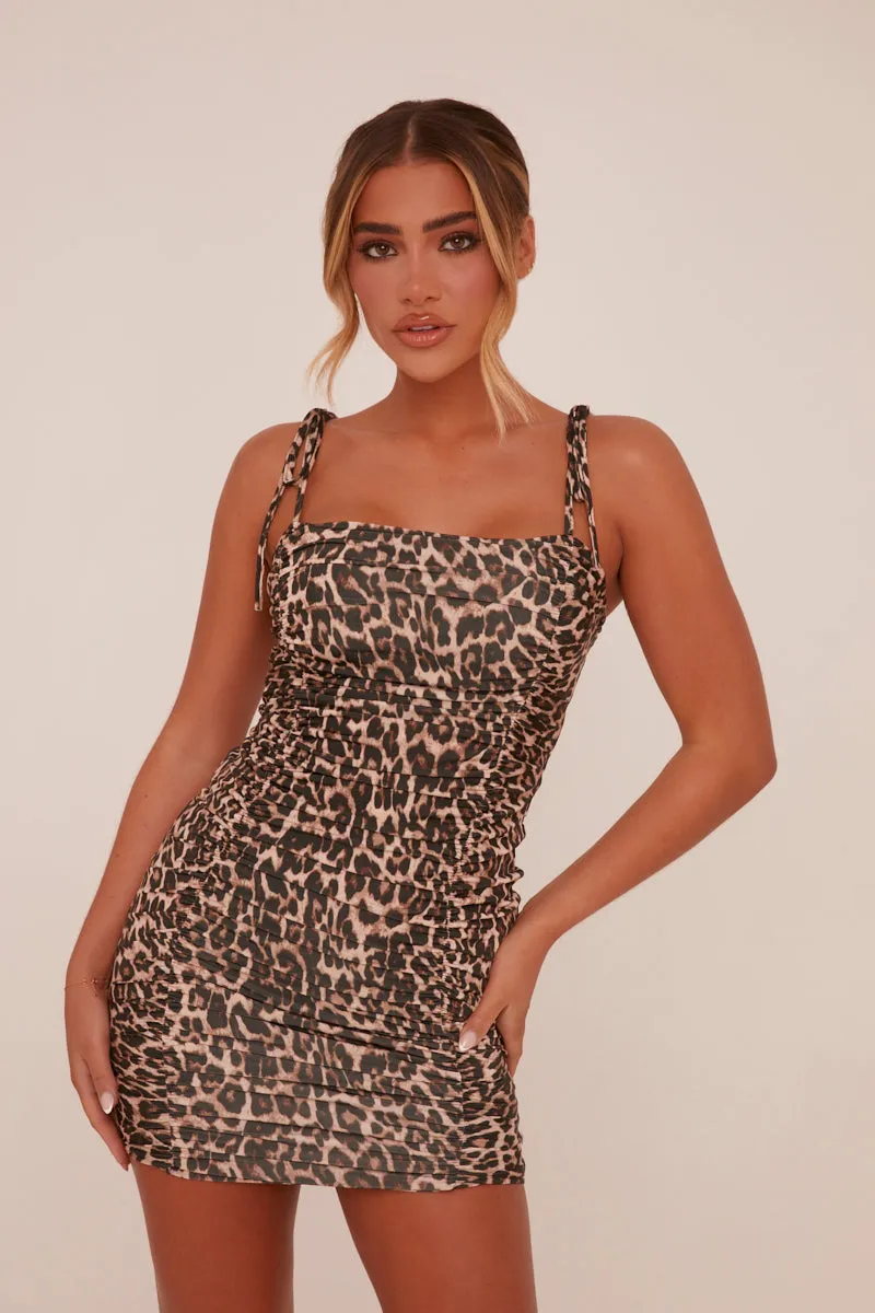 Brown Leopard Print Ruching Detail Bodycon Mini Dress - Anhar