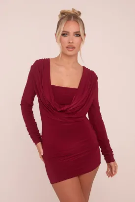 Burgundy Cowl Neck Long Sleeve Bodycon Mini Dress - Oliana